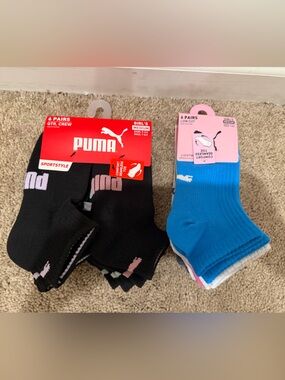 “New” Puma Girls 6-Pack Crew &  Blue Low-Cut Athletic Socks sizeM9-3.5
